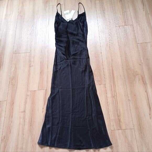 Zara Strappy Satin Effect Gathered Slip Midi Dress Black XS NWT - Picture 6 of 10